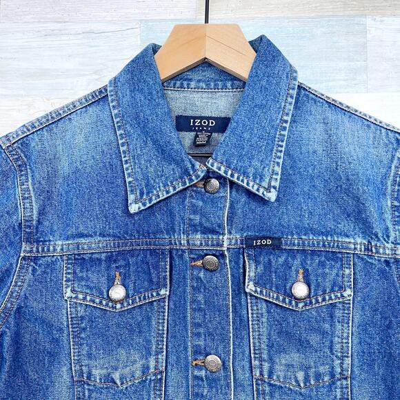 IZOD Jeans Vintage 90s Denim Trucker Jacket Blue Button Up Casual Womens Medium - Picture 2 of 5
